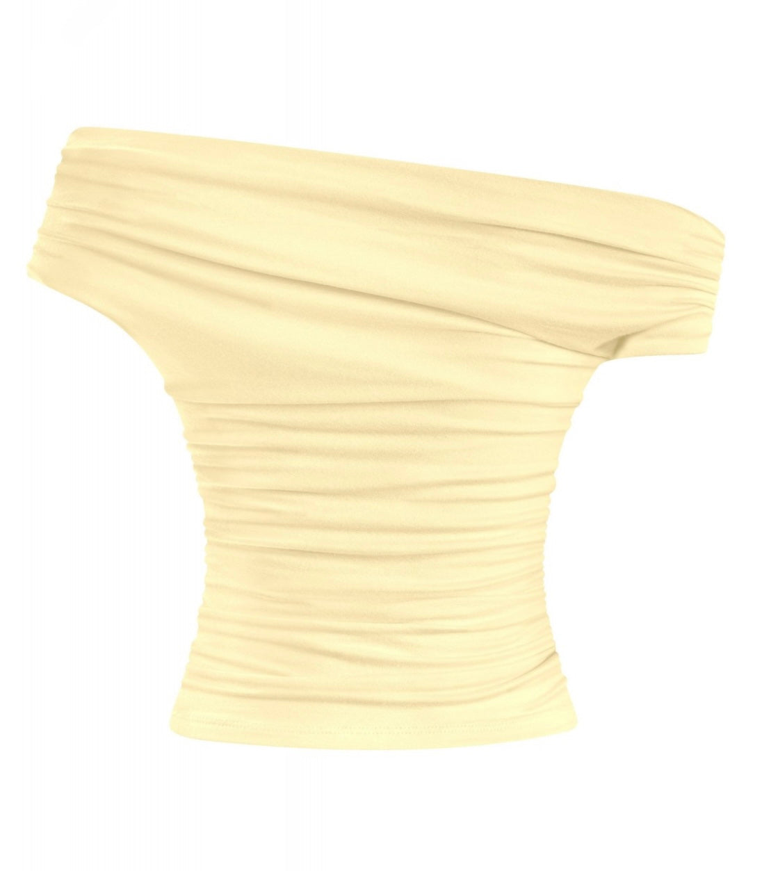 Valerie Asymmetrical Shoulder Ruched Top (Light Yellow)