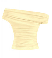 Valerie Asymmetrical Shoulder Ruched Top (Light Yellow)