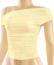 Valerie Asymmetrical Shoulder Ruched Top (Light Yellow)