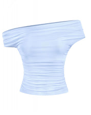 Valerie Asymmetrical Shoulder Ruched Top (Light Blue)