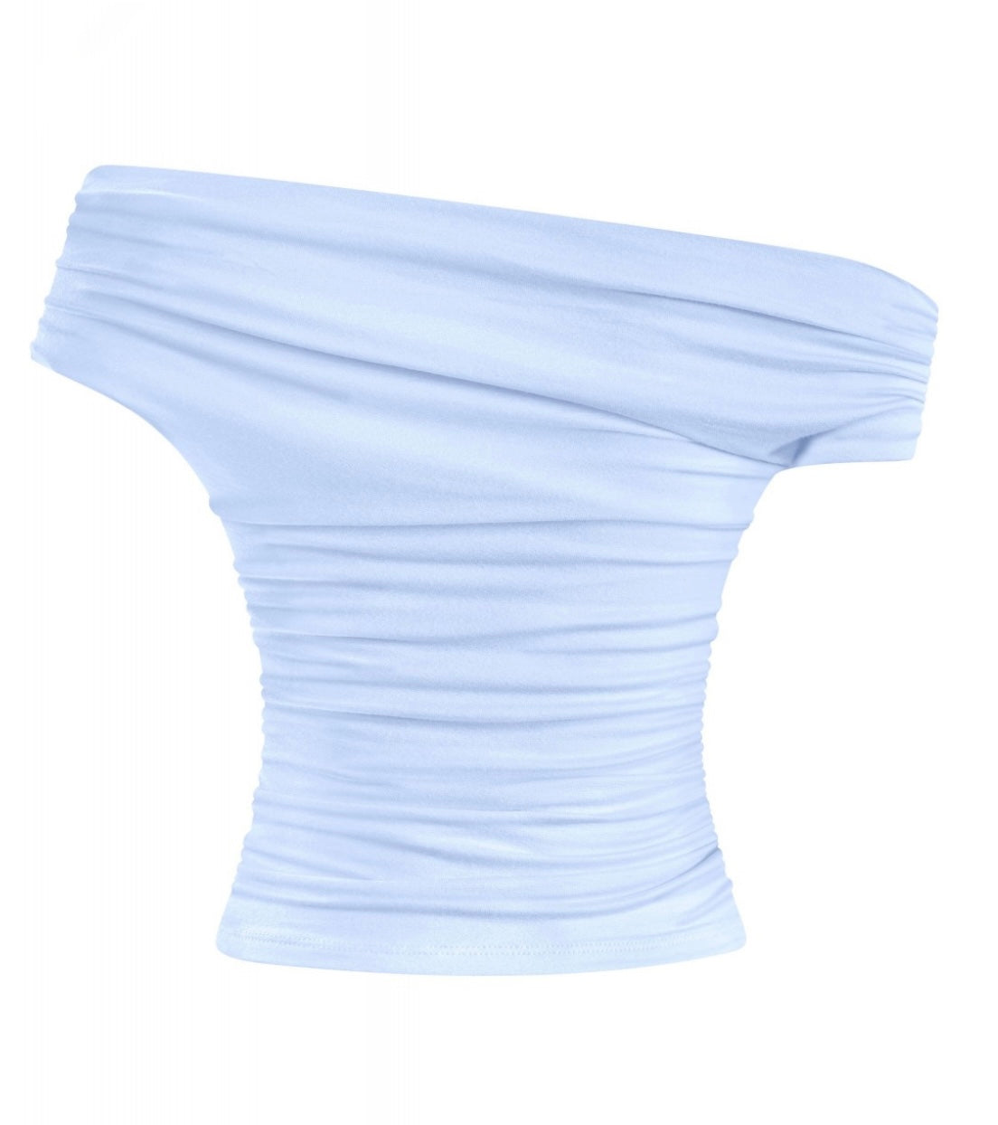 Valerie Asymmetrical Shoulder Ruched Top (Light Blue)