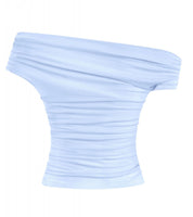 Valerie Asymmetrical Shoulder Ruched Top (Light Blue)