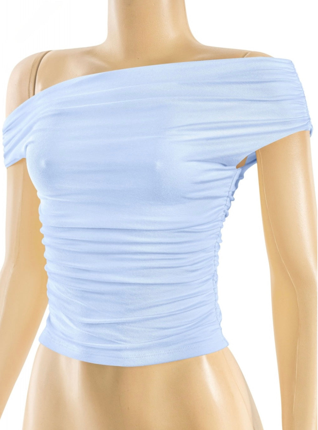 Valerie Asymmetrical Shoulder Ruched Top (Light Blue)