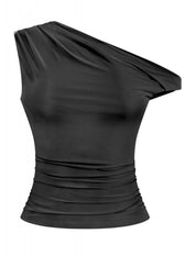 Naylea Asymmetrical Shoulder Ruched Top (Black)
