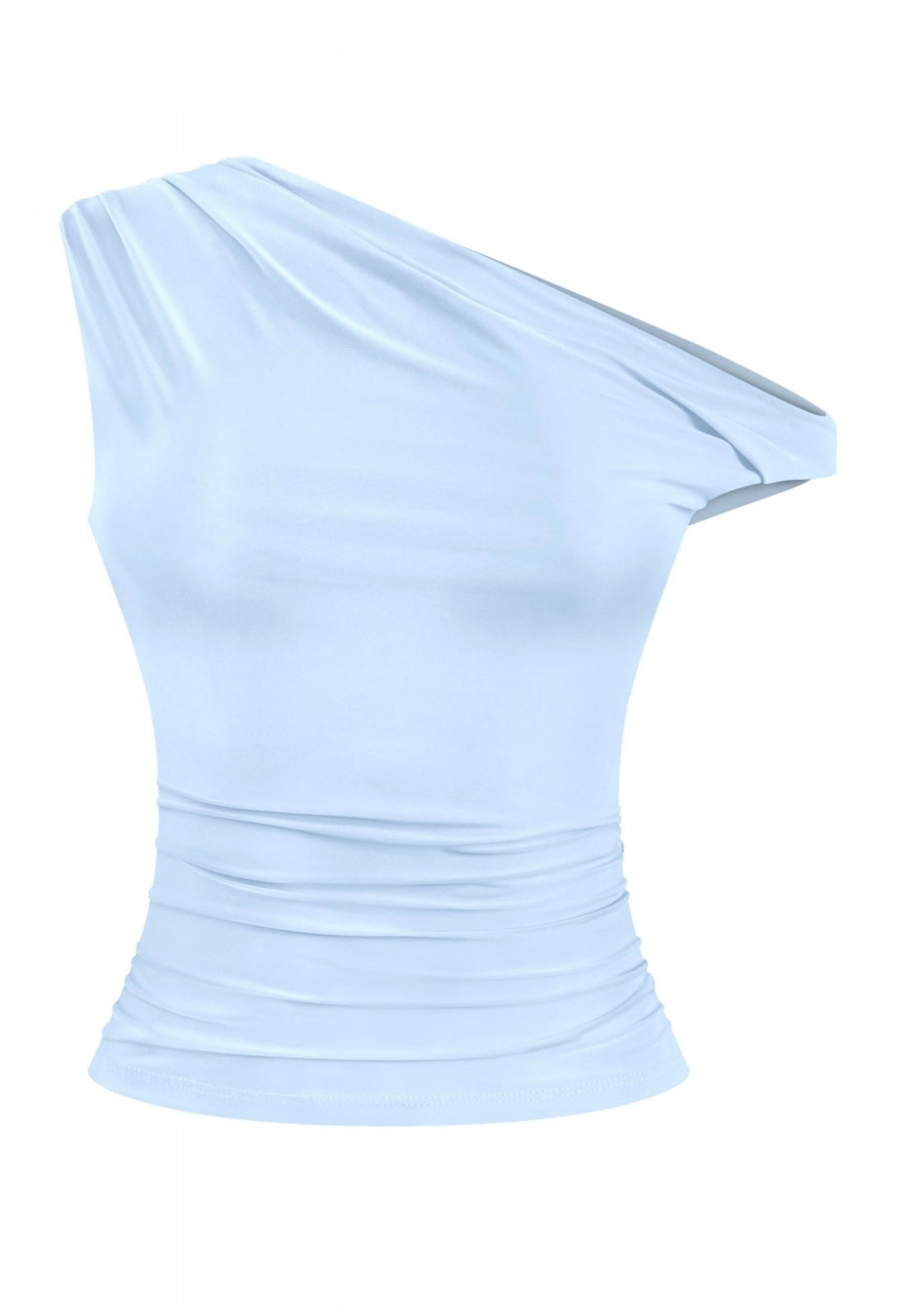 Naylea Asymmetrical Shoulder Ruched Top (Light Blue)