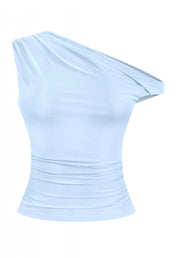 Naylea Asymmetrical Shoulder Ruched Top (Light Blue)