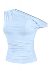 Naylea Asymmetrical Shoulder Ruched Top (Light Blue)