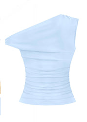 Naylea Asymmetrical Shoulder Ruched Top (Light Blue)