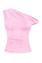 Naylea Asymmetrical Shoulder Ruched Top (Light Pink)