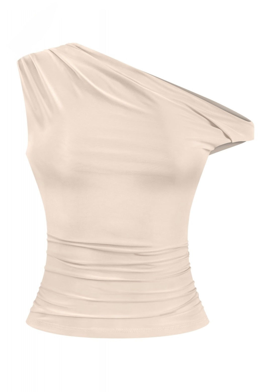 Naylea Asymmetrical Shoulder Ruched Top (Nude)