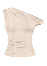 Naylea Asymmetrical Shoulder Ruched Top (Nude)