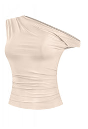Naylea Asymmetrical Shoulder Ruched Top (Nude)
