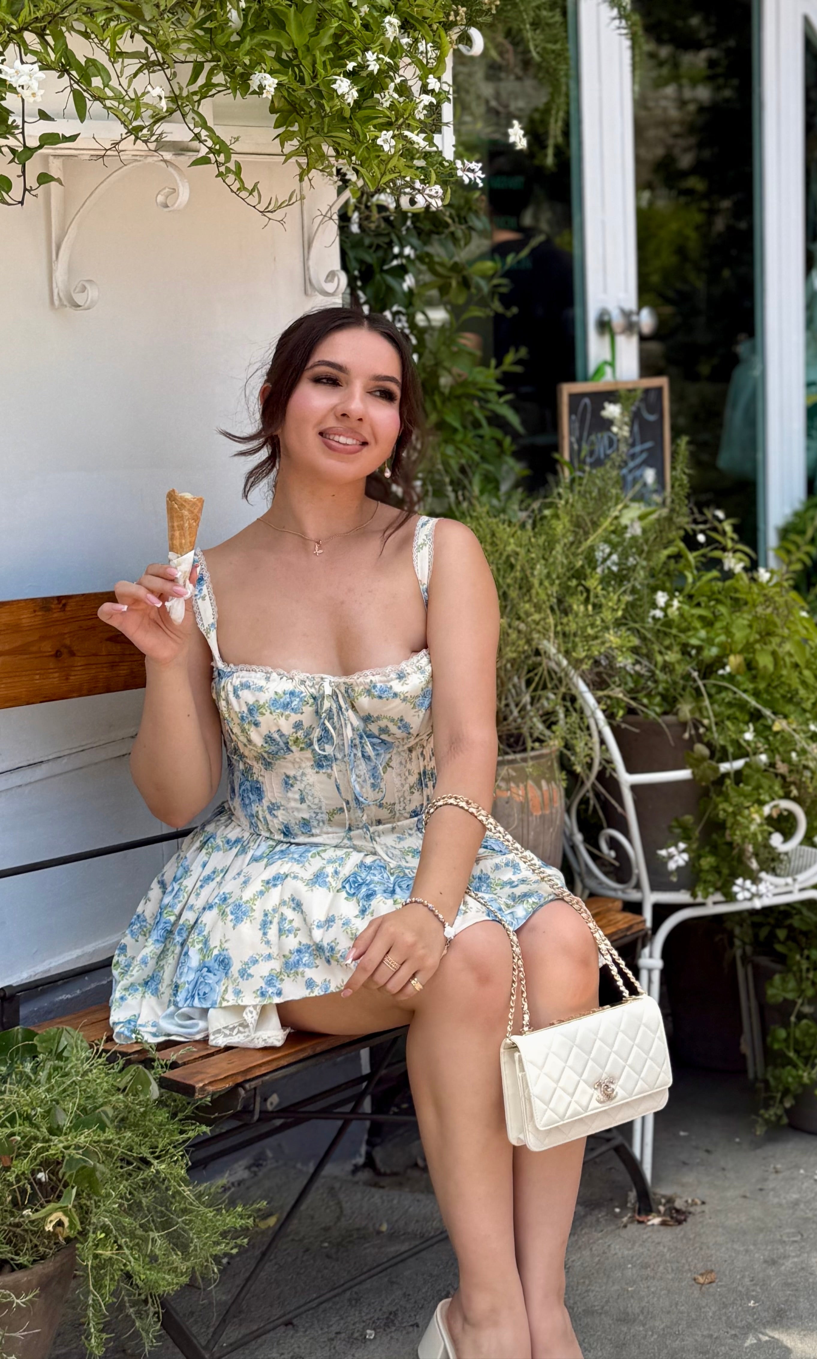 Diora Corset Mini Dress (Cream/Blue Floral)
