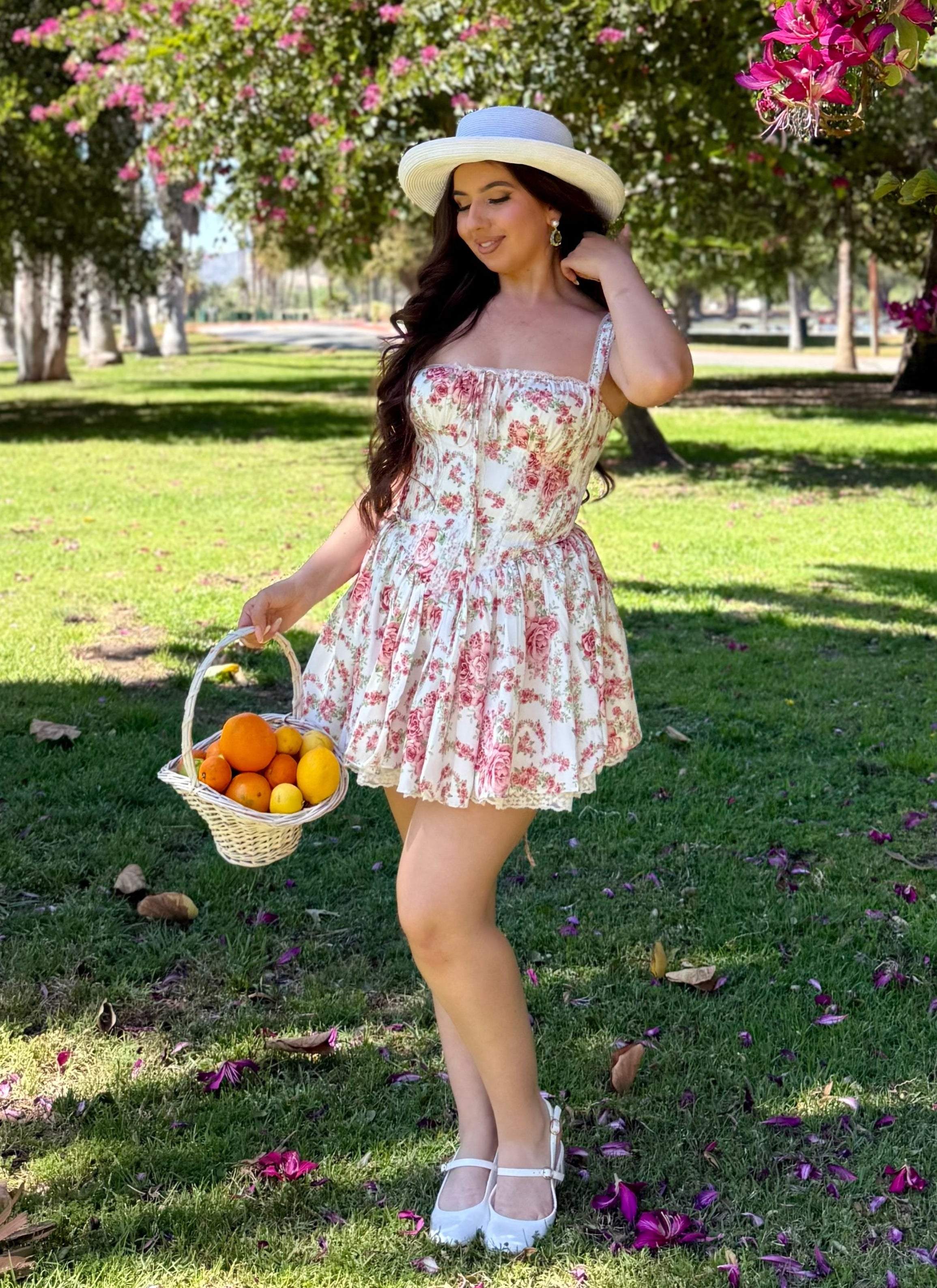 Diora Corset Mini Dress (Ivory/Pink Floral)