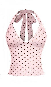 Valerie Polka Dot V Neck Halter Top (Pink)