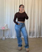 Valerie Long Sleeve Round Neck Crop Top (Brown)