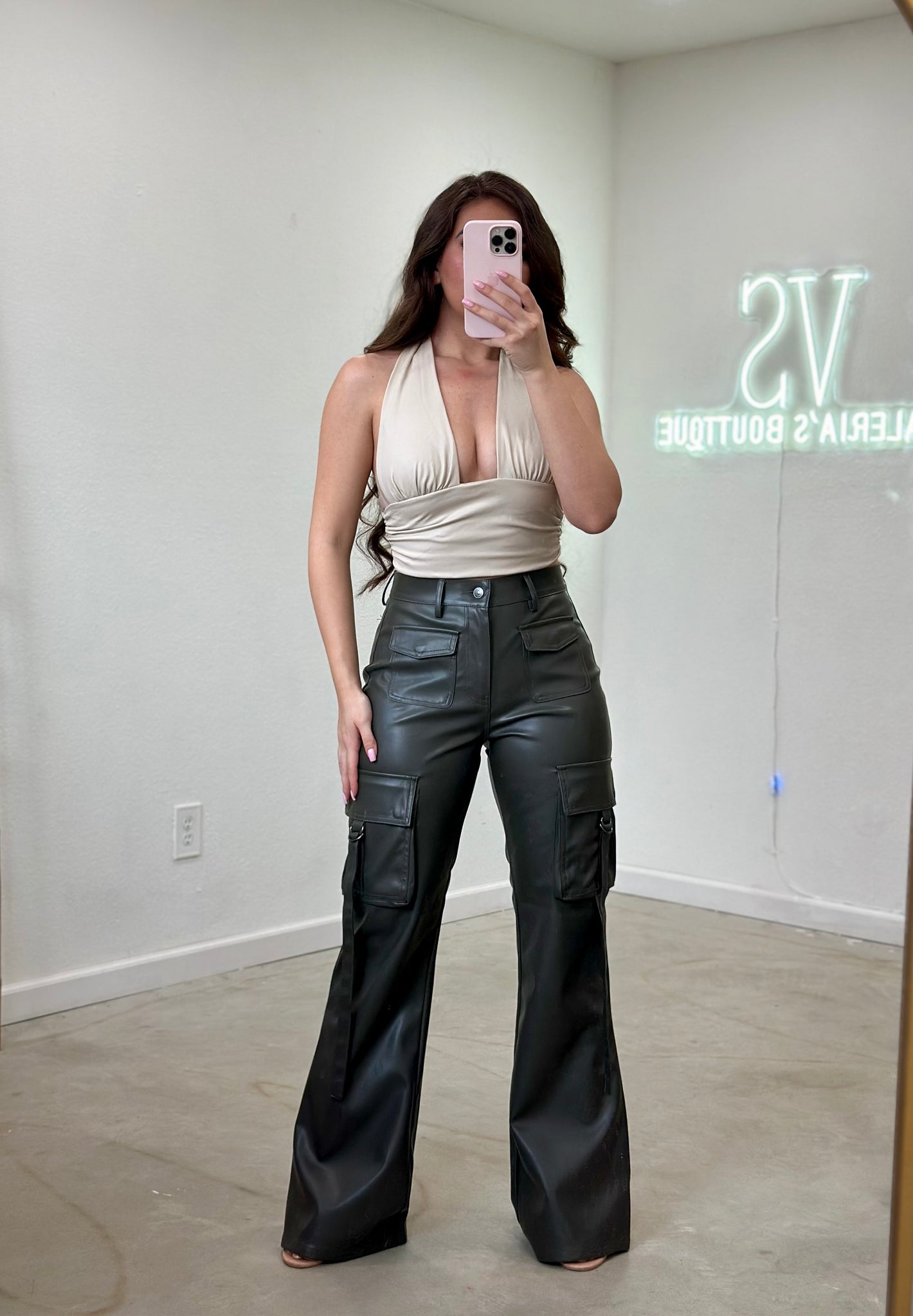 Natasha Leather Cargo Pants (Olive)