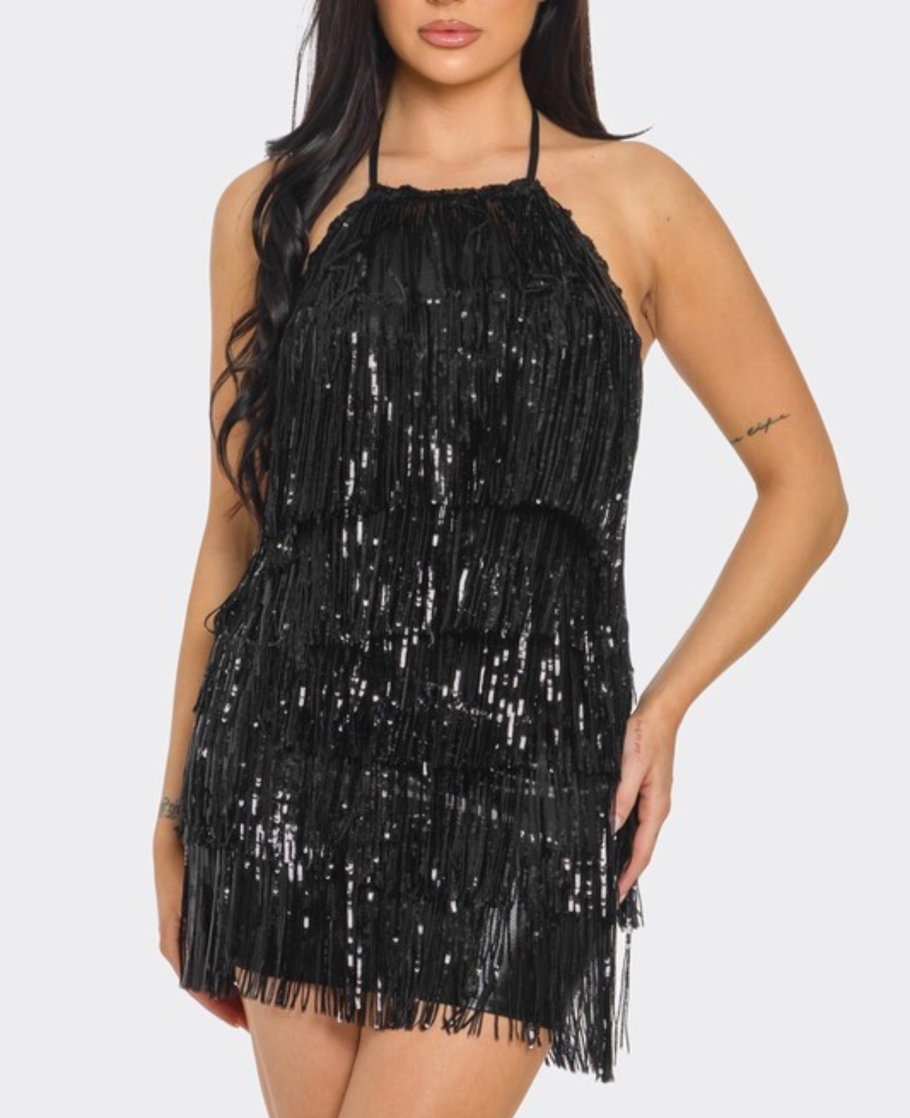 Bailar De Caballito Sequin Fringe Halter Dress (Black)