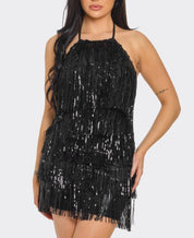 Bailar De Caballito Sequin Fringe Halter Dress (Black)