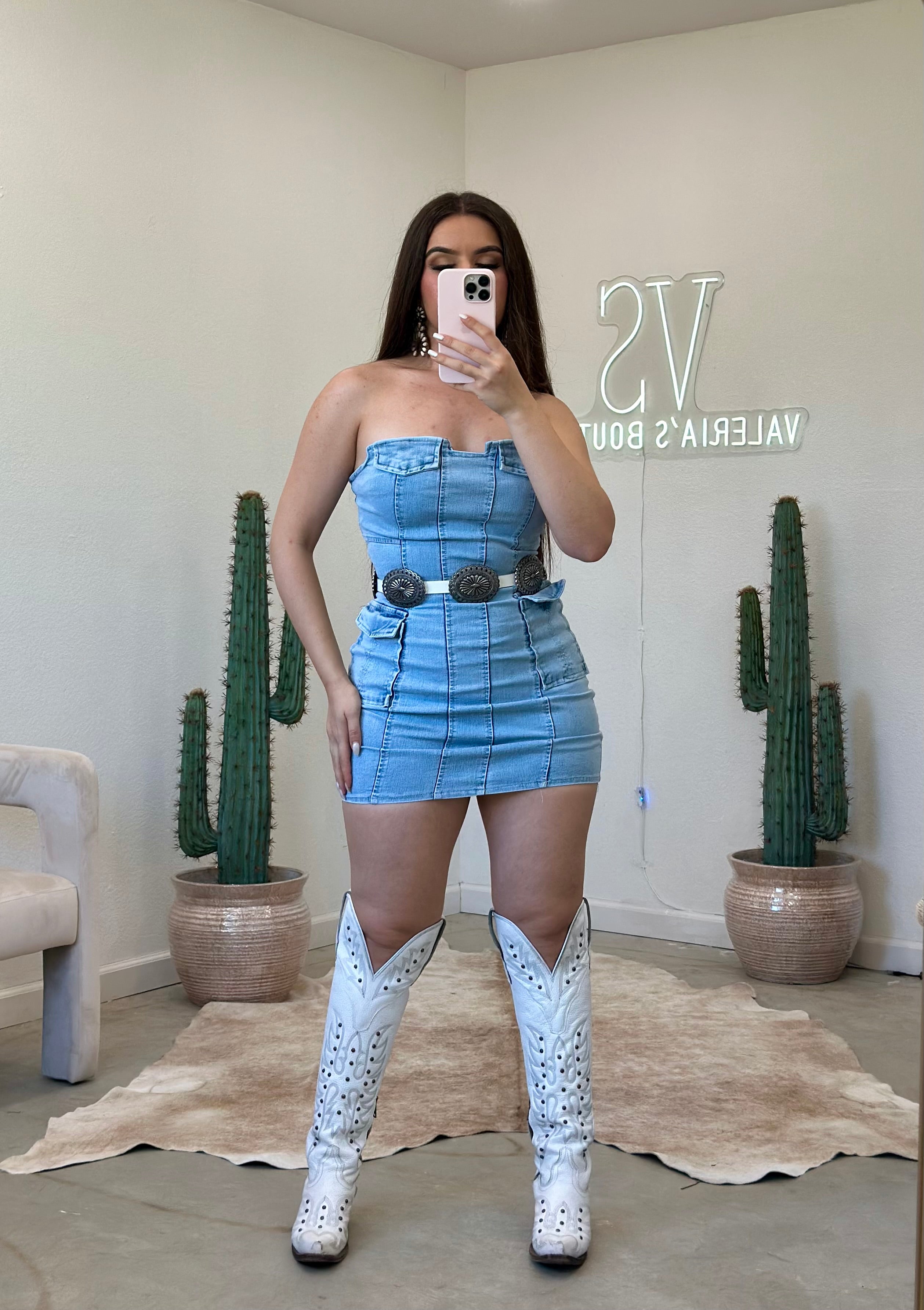 Rosselyn Denim Mini Dress – Valeria'S Boutique - Main Image