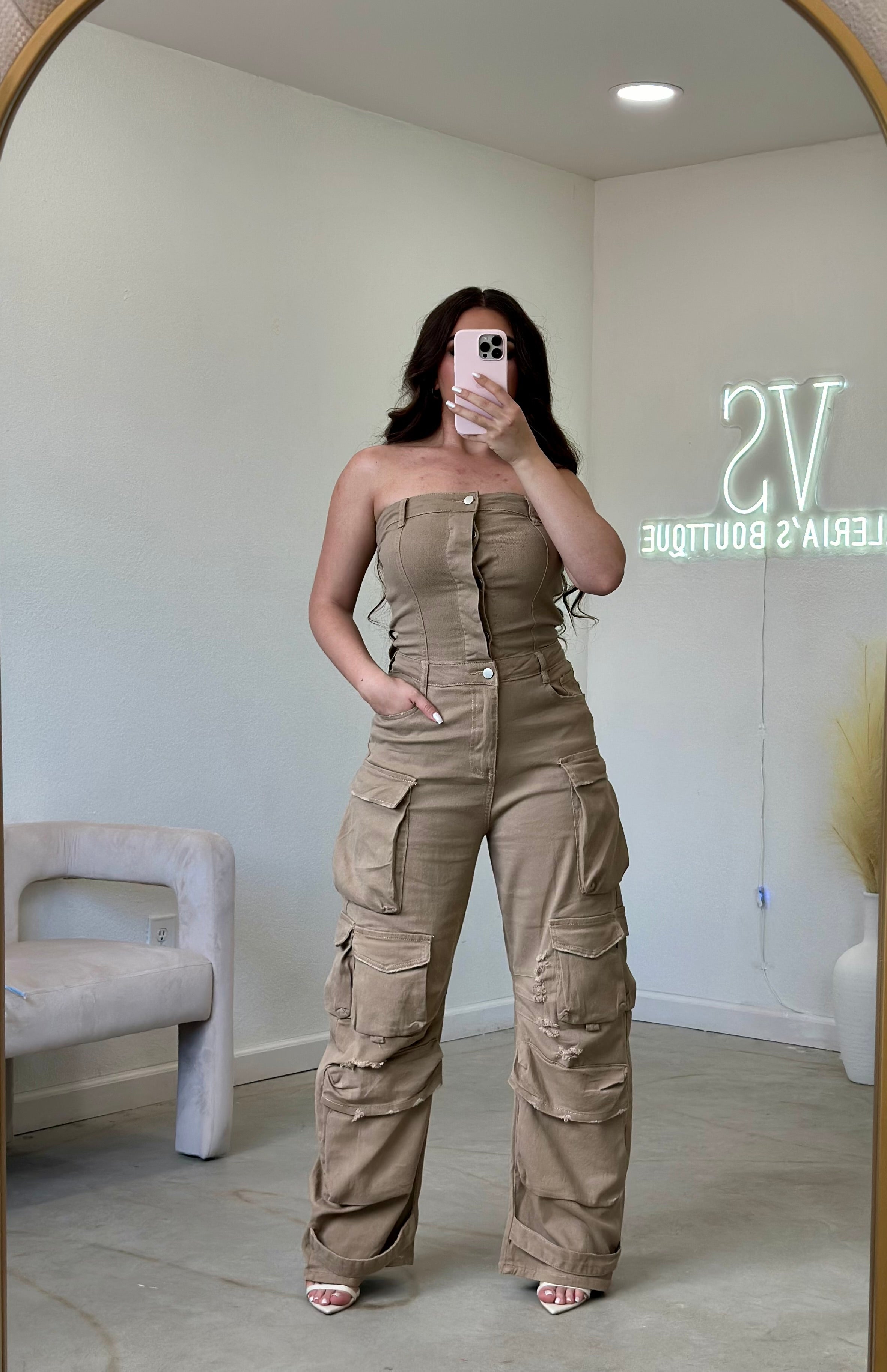 Nata Denim Cargo Jumpsuit (Khaki)