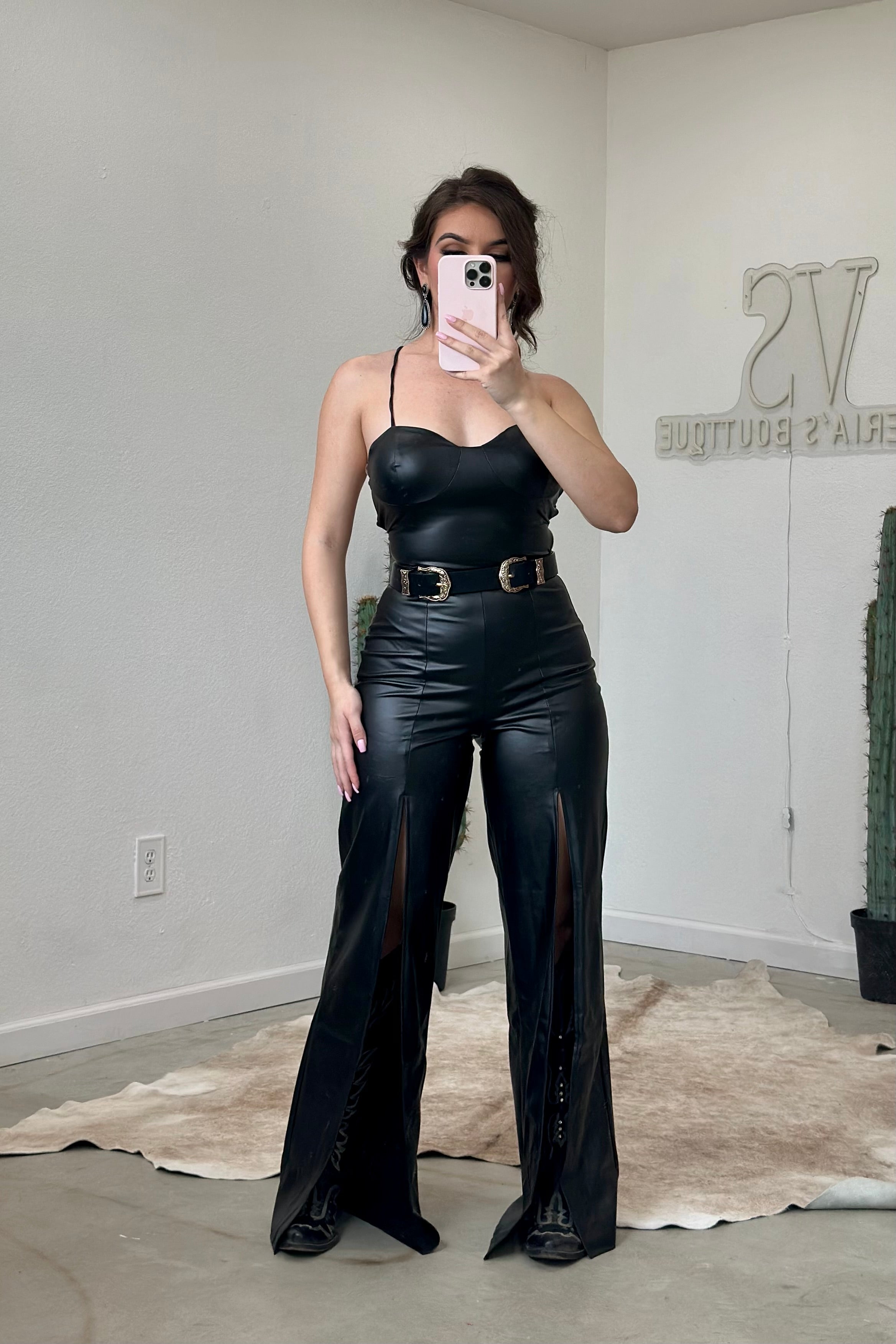 Rebecca Leather Leg Slit Jumpsuit