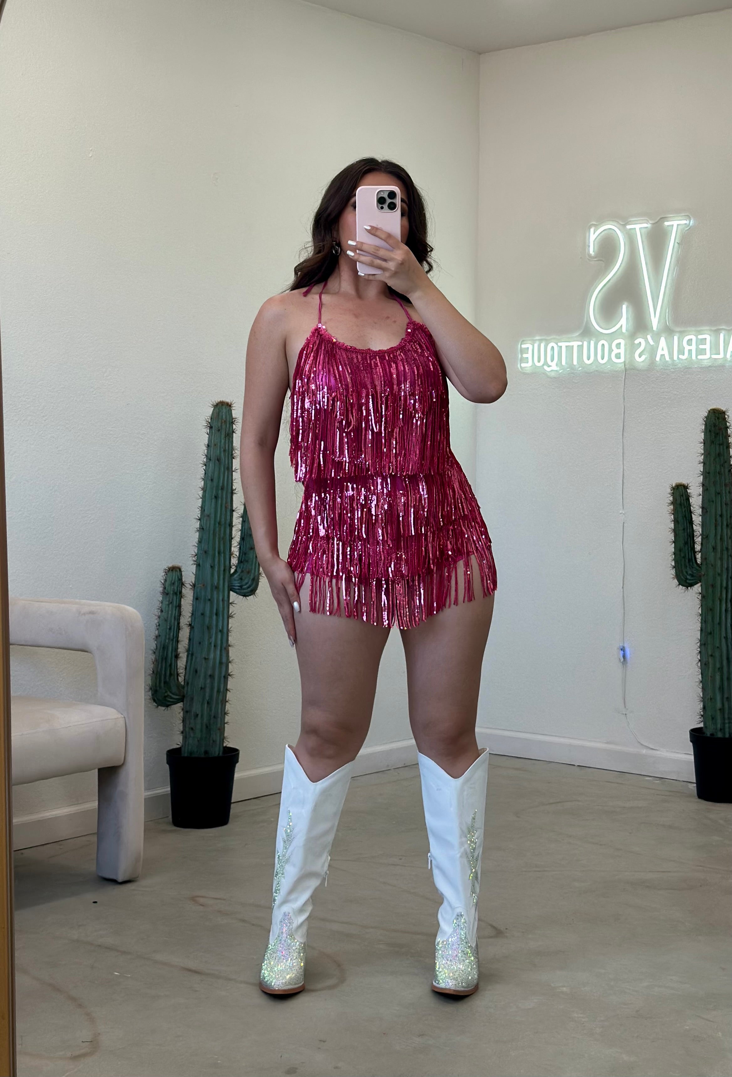 Bailar De Caballito Sequin Fringe Halter Romper (Maroon Pink)