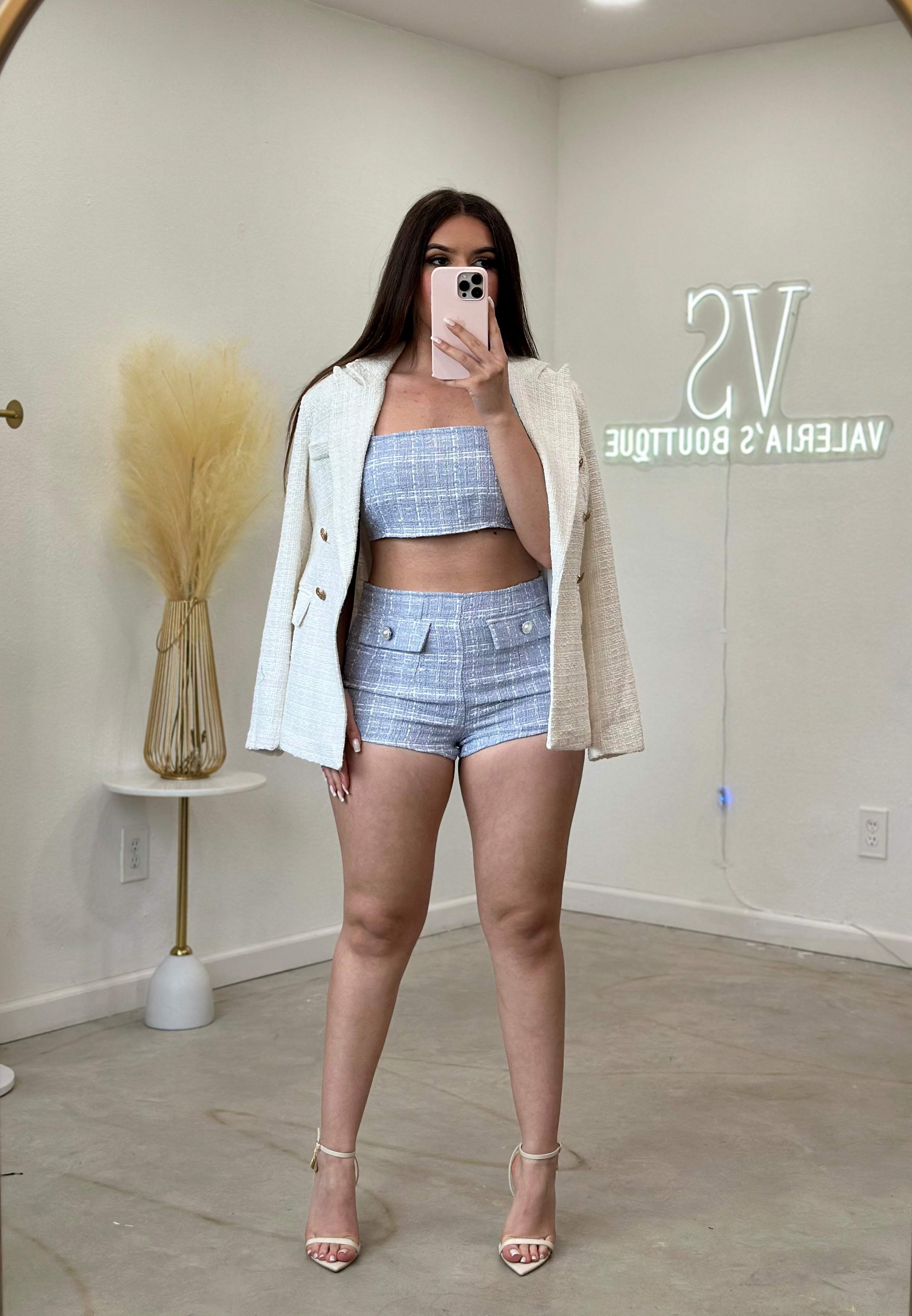 Avril Tweed Shorts Set (Blue) – Valeria'S Boutique