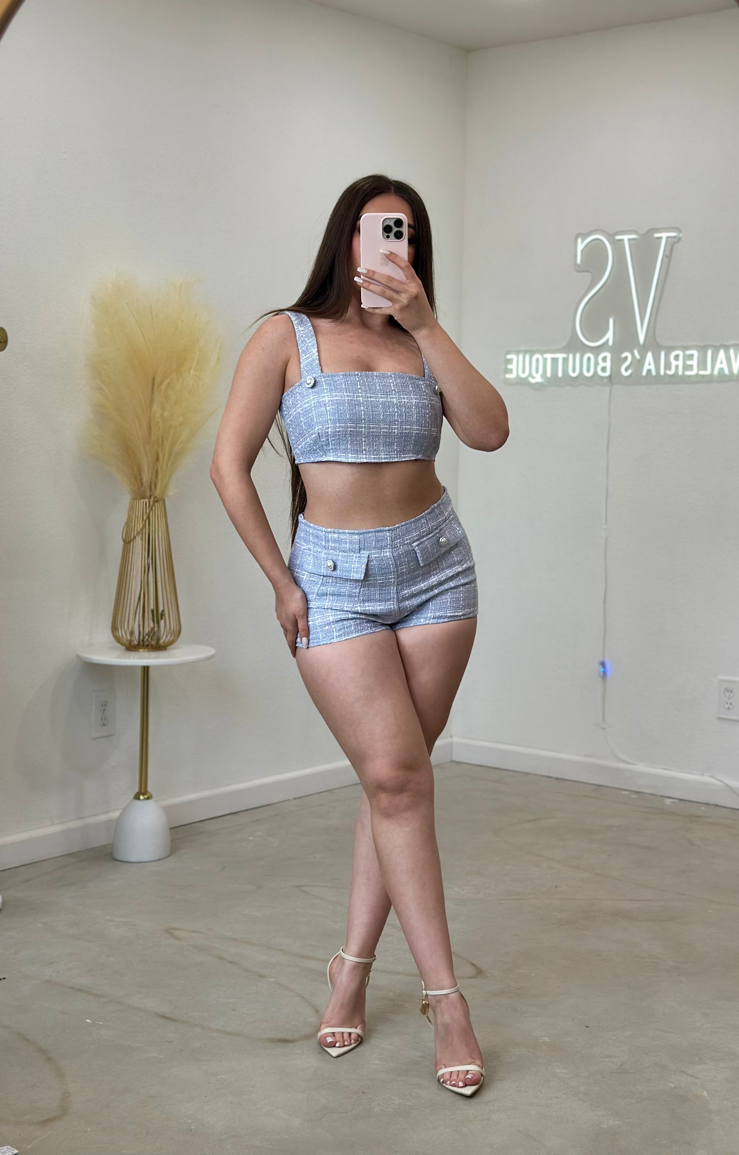 Avril Tweed Shorts Set (Blue) – Valeria'S Boutique