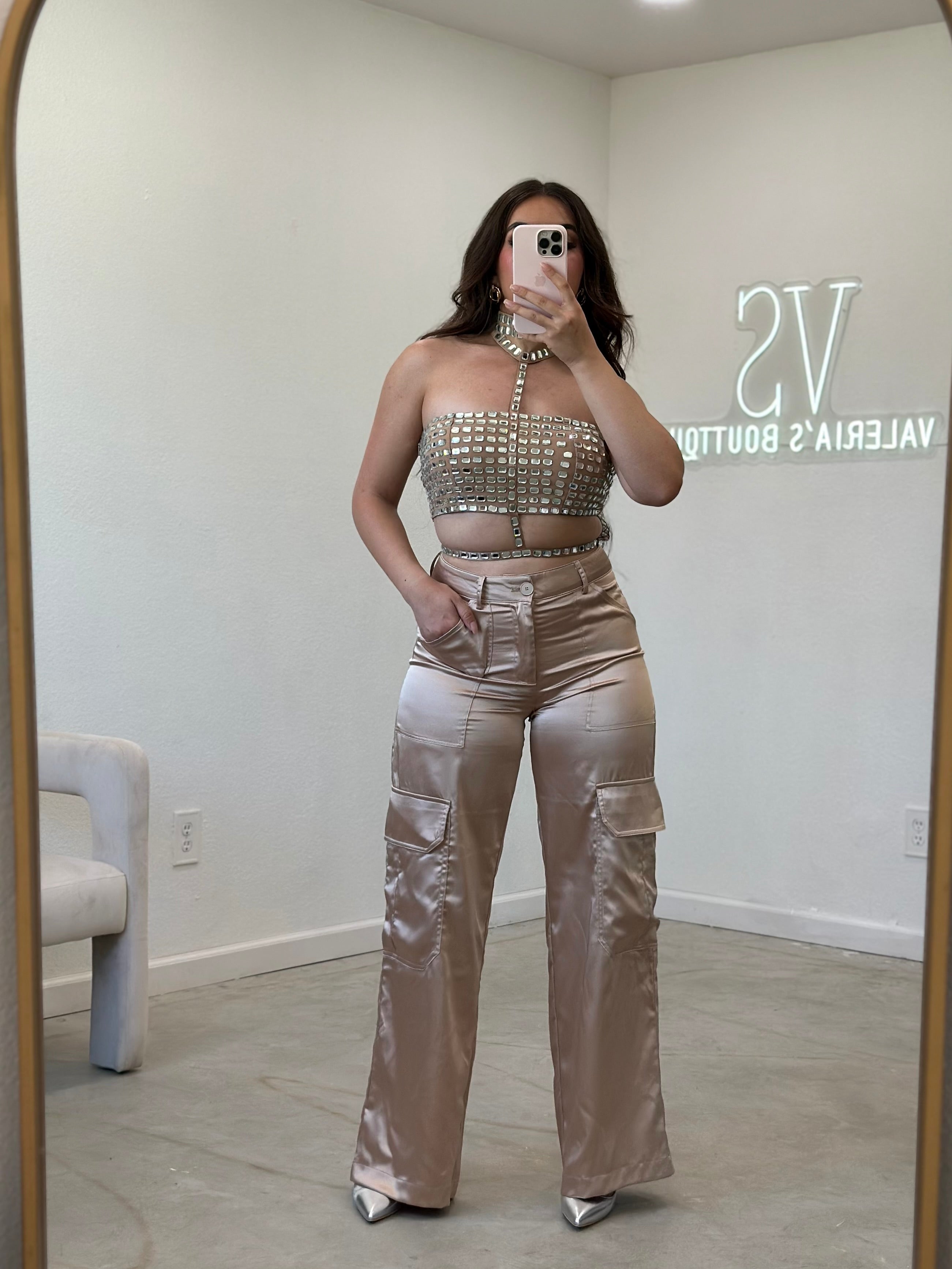 Nude Satin Cargo Pants