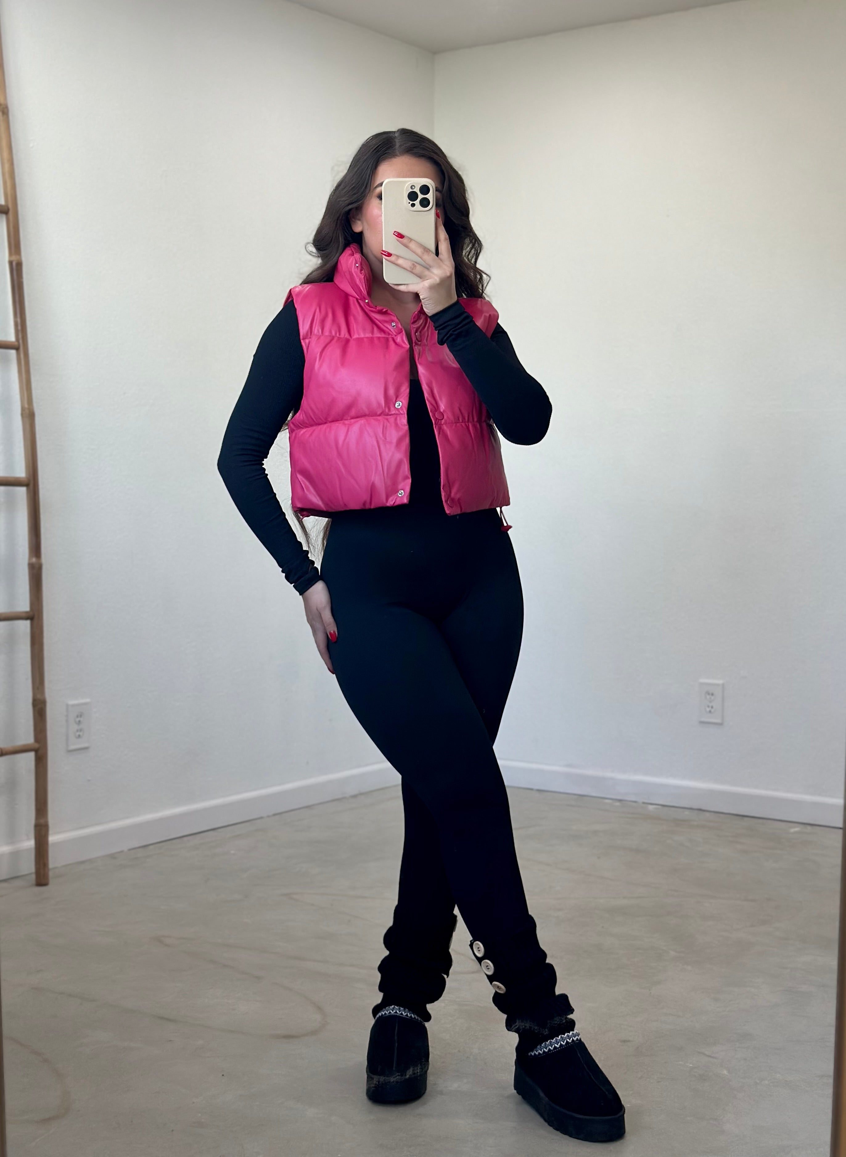 Beatrice Leather Puffer Vest (Fuchsia)