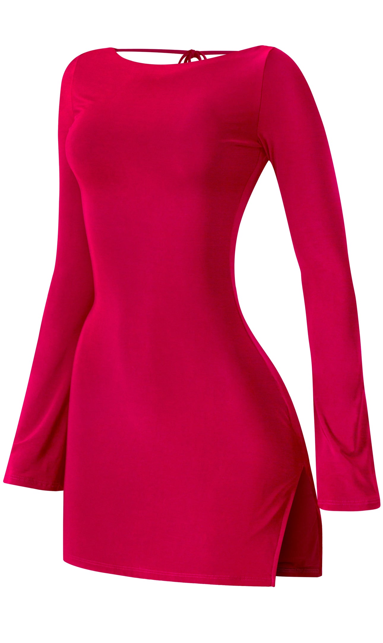 Naylea Bell Sleeve Open Back Slit Mini Dress (Red) Naylea Bell Sleeve Open Back Slit Mini Dress (Red)