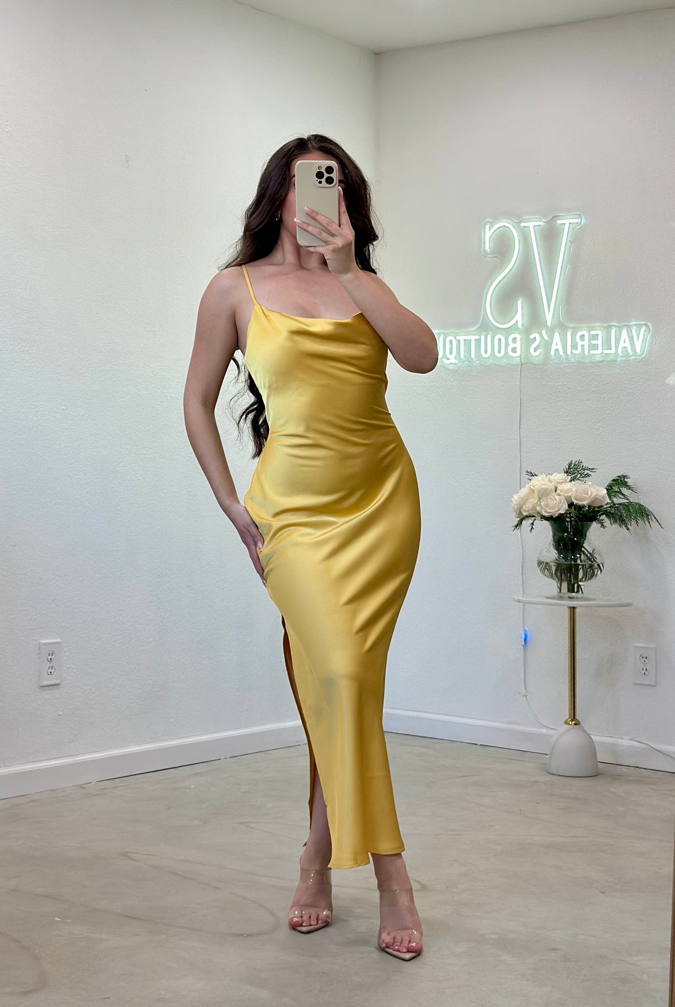 Arabella Satin Maxi Dress (Yellow)