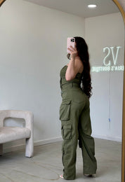 Nata Denim Cargo Jumpsuit (Olive)