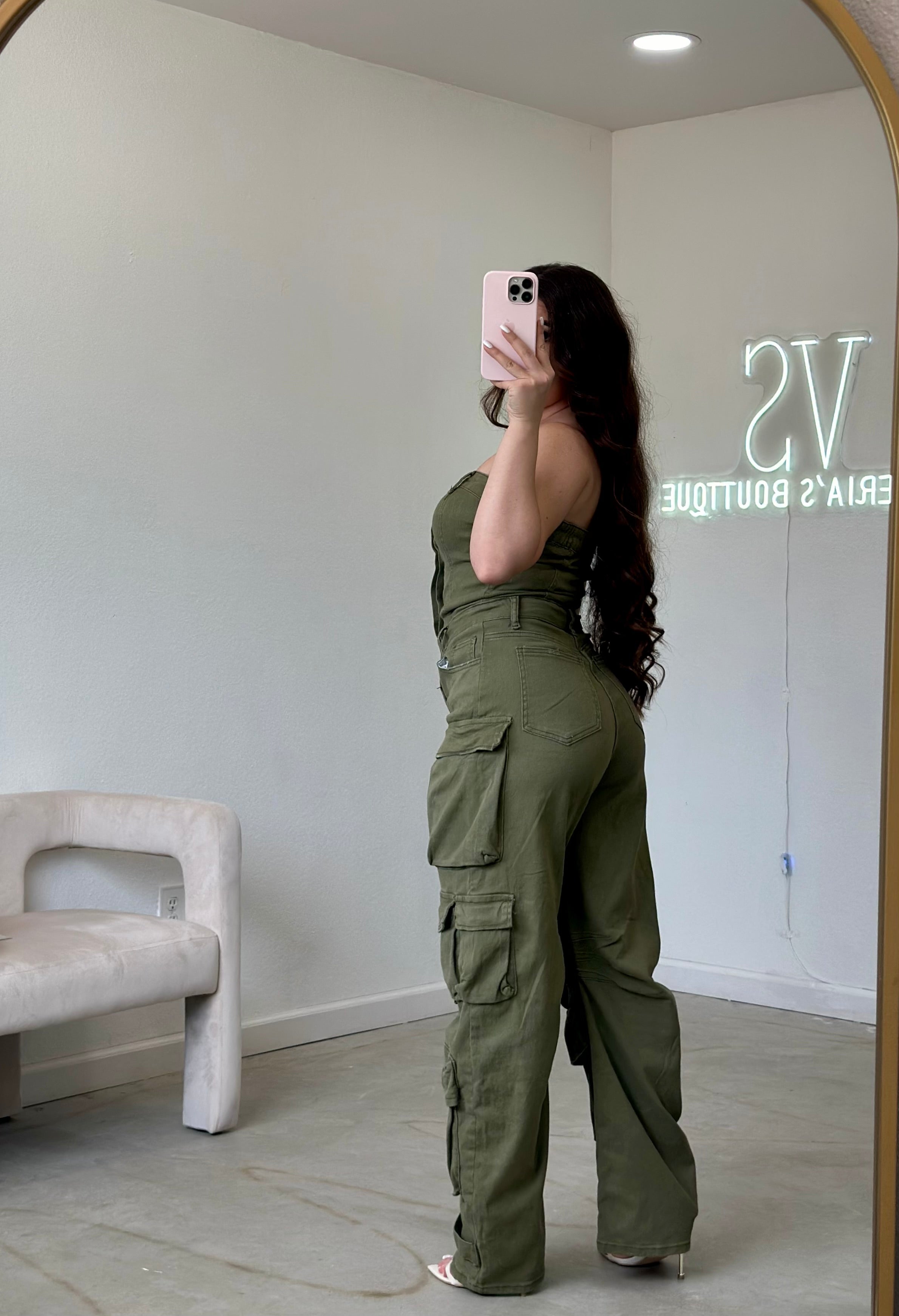 Nata Denim Cargo Jumpsuit (Olive)