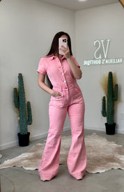 Rodeo Gal Denim Jumpsuit (Salmon Pink)