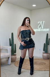 Buckee Rhinestone Leather Corset Top (Charcoal Black)