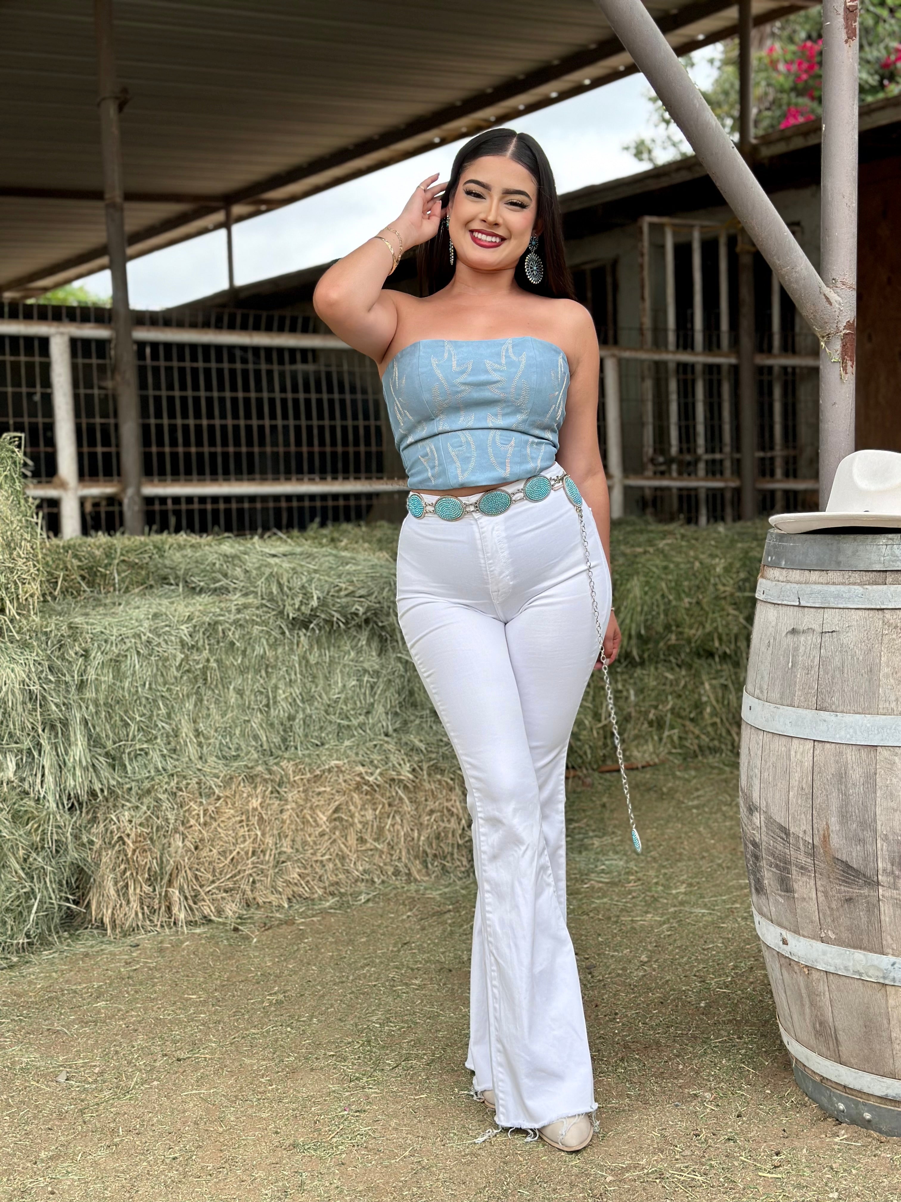 Buckee Embroidered Leather Corset Top (Light Blue)