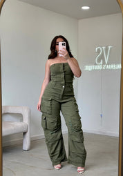 Nata Denim Cargo Jumpsuit (Olive)