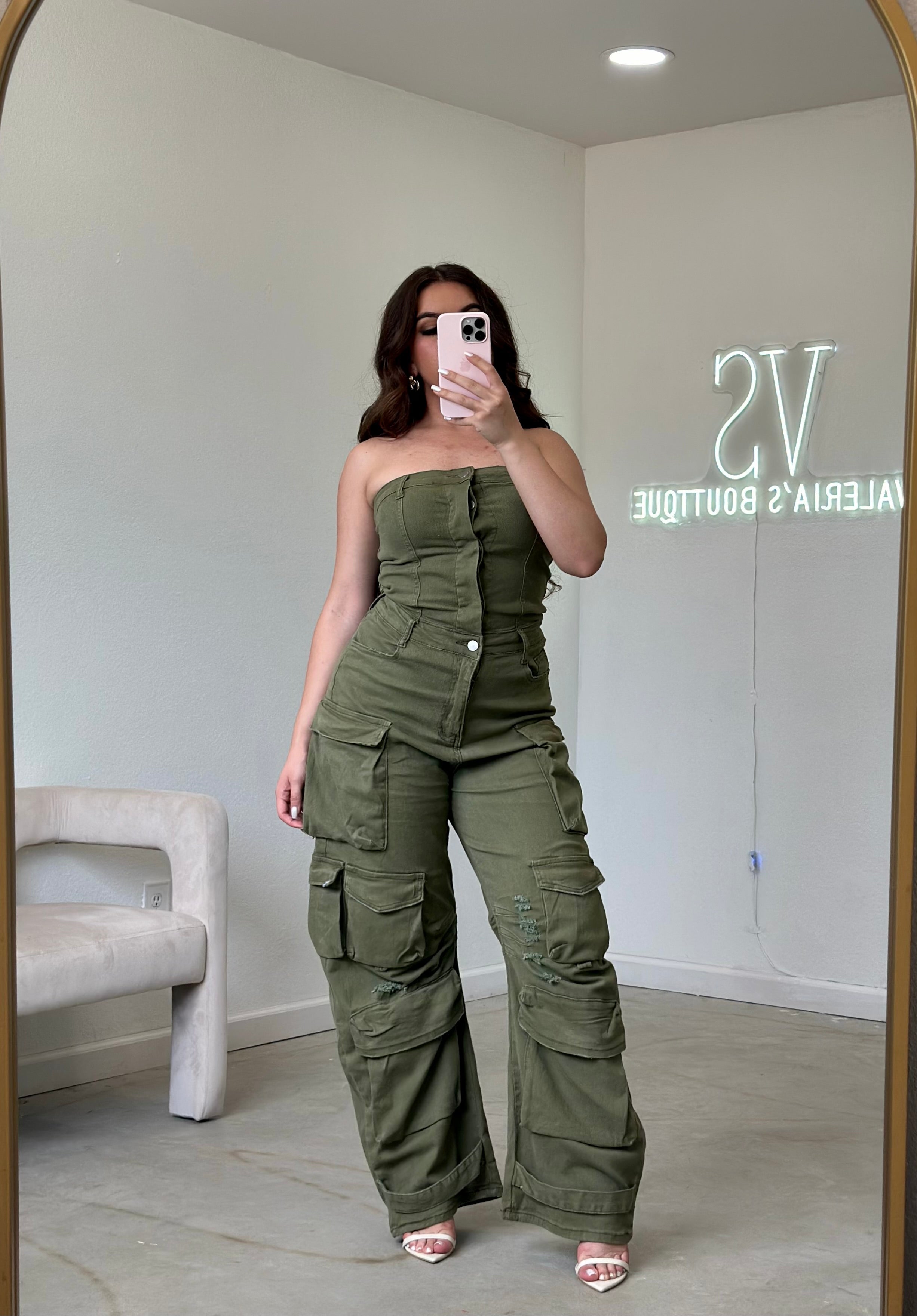 Nata Denim Cargo Jumpsuit (Olive)