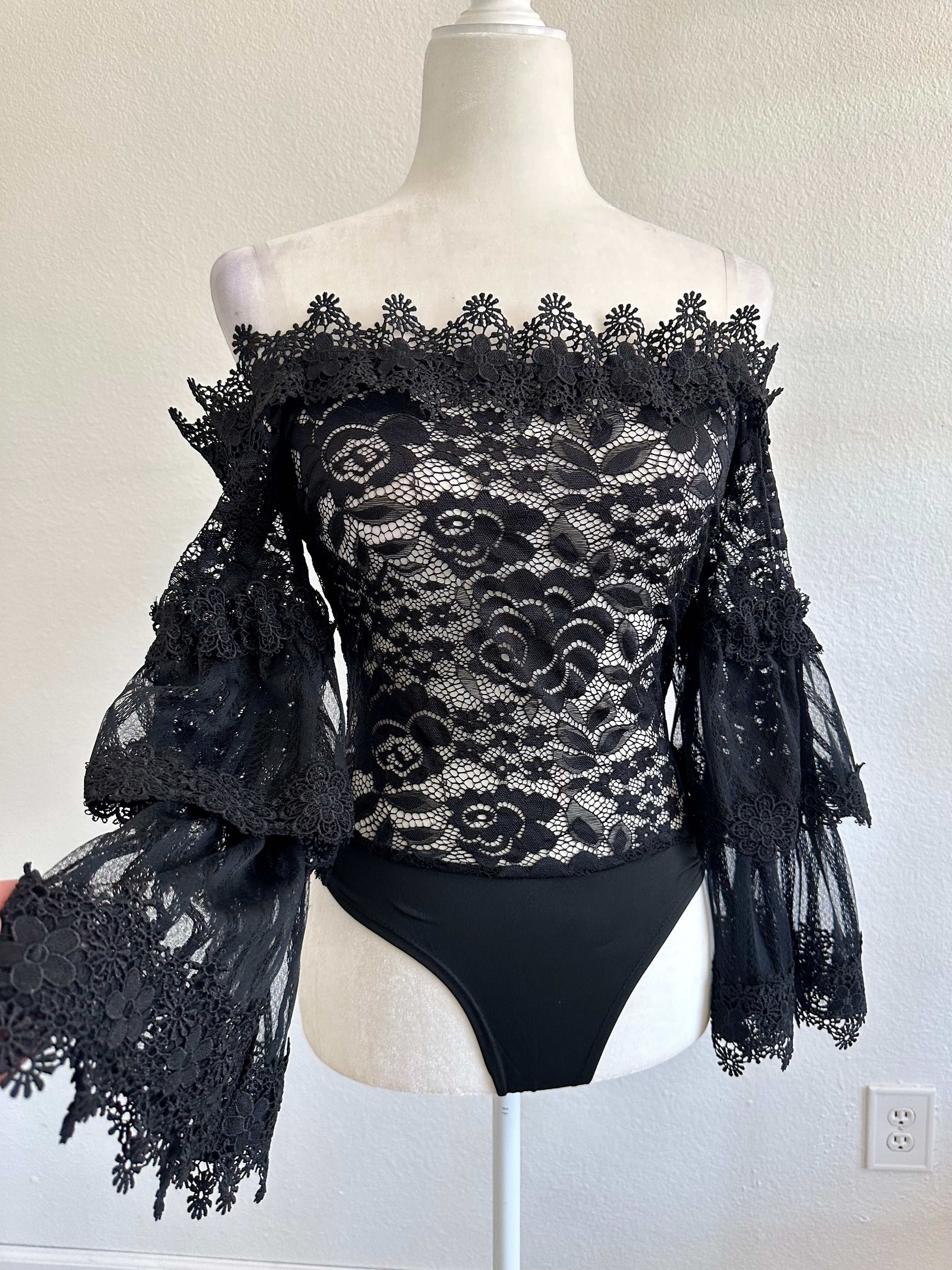 Marissa Lace Bell Sleeve Top (Black)