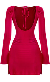 Naylea Bell Sleeve Open Back Slit Mini Dress (Red) PREORDER - ships out after 1/16