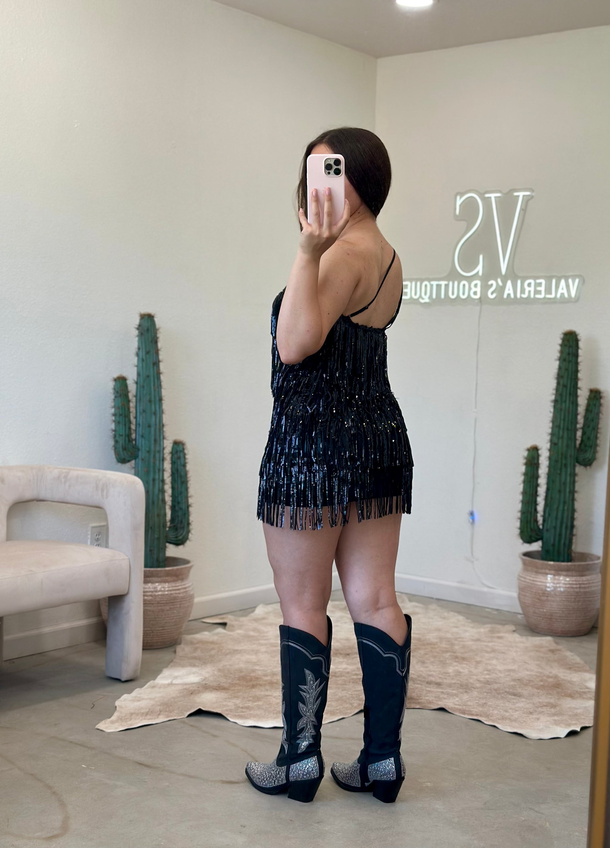 Bailar de Caballito Sequin Fringe One Shoulder Mini Dress (Black) Bailar de Caballito Sequin Fringe One Shoulder Mini Dress (Black)