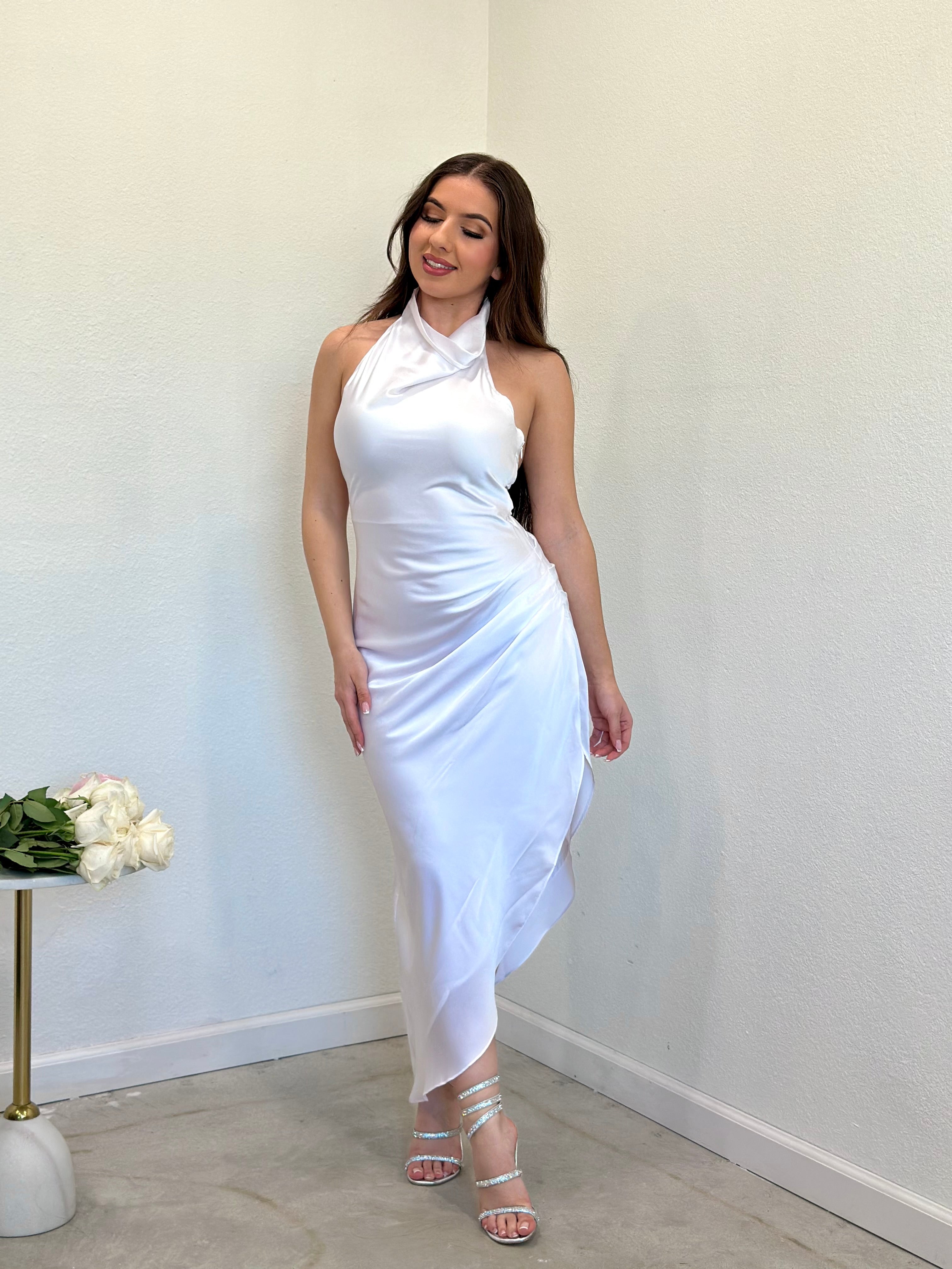 Anastasia Asymmetric Dress (White) - Double Lined Anastasia Asymmetric Dress (White) - Double Lined