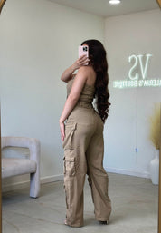 Nata Denim Cargo Jumpsuit (Khaki)