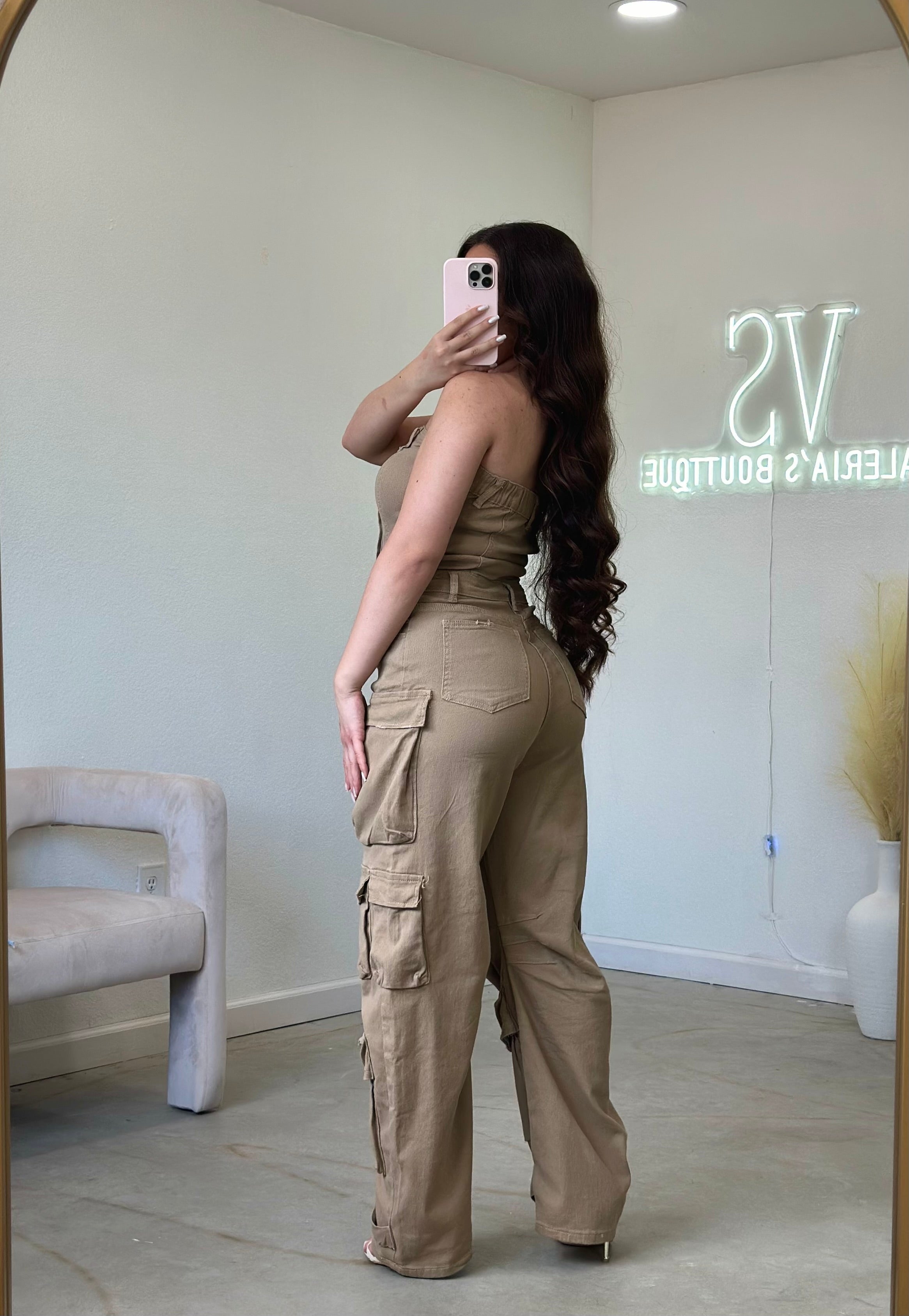 Nata Denim Cargo Jumpsuit (Khaki)