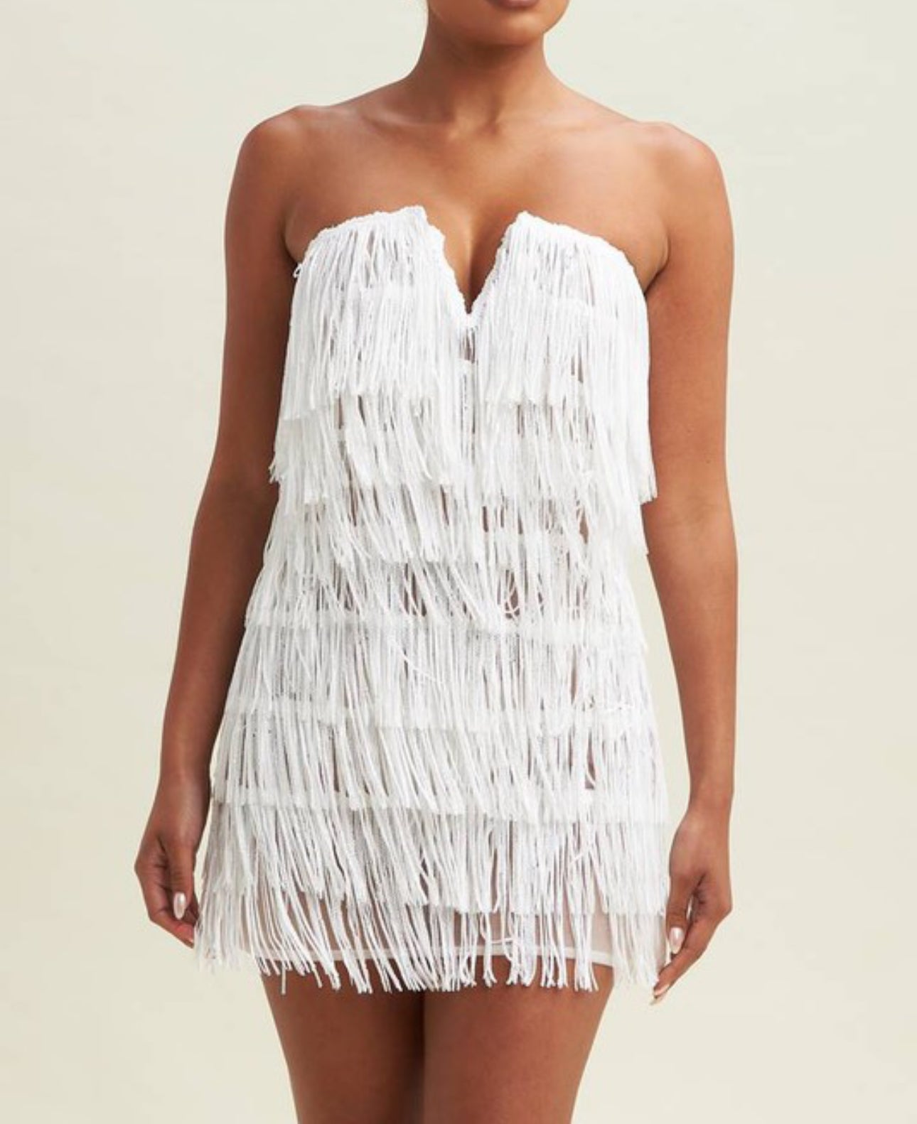 Taylor Sequin Fringe Strapless Mini Dress (White)