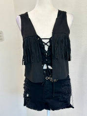 Suede Fringe Vest (Black)