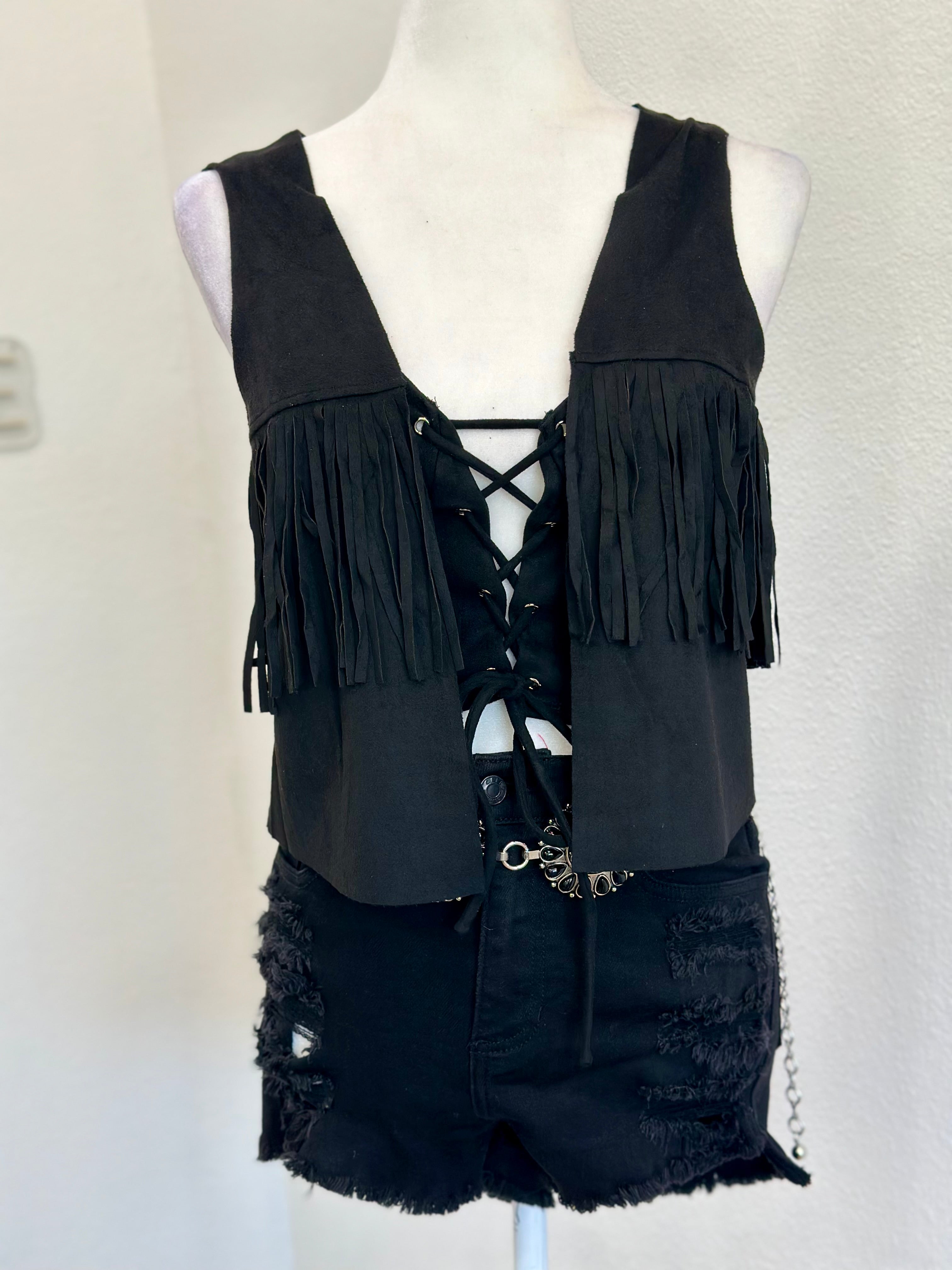 Suede Fringe Vest (Black)