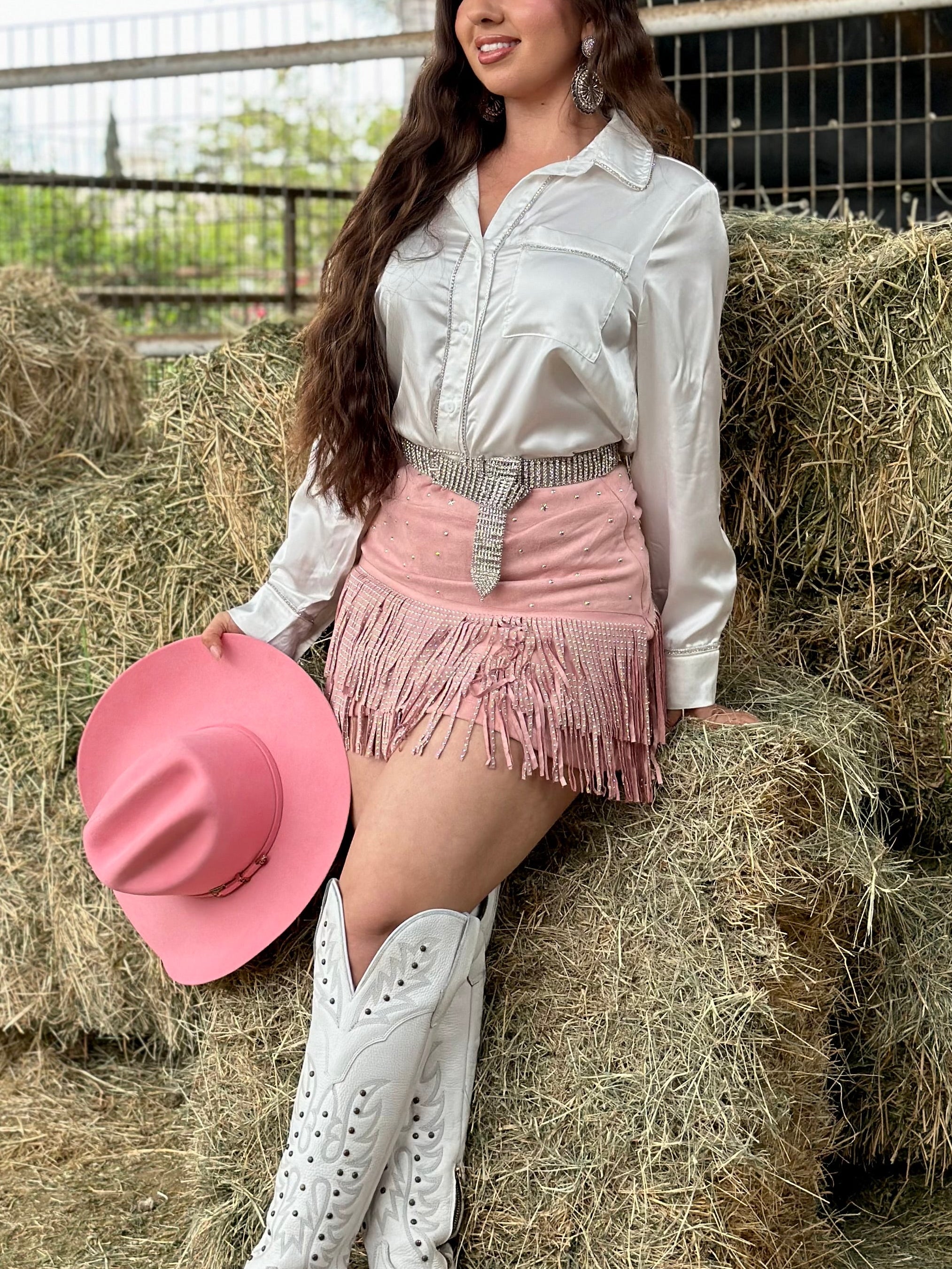 Kacey Fringe Mini Skirt (Pink)
